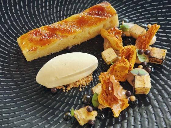 Chef Chatal Molnar's plated dessert inspired by Malva Pudding